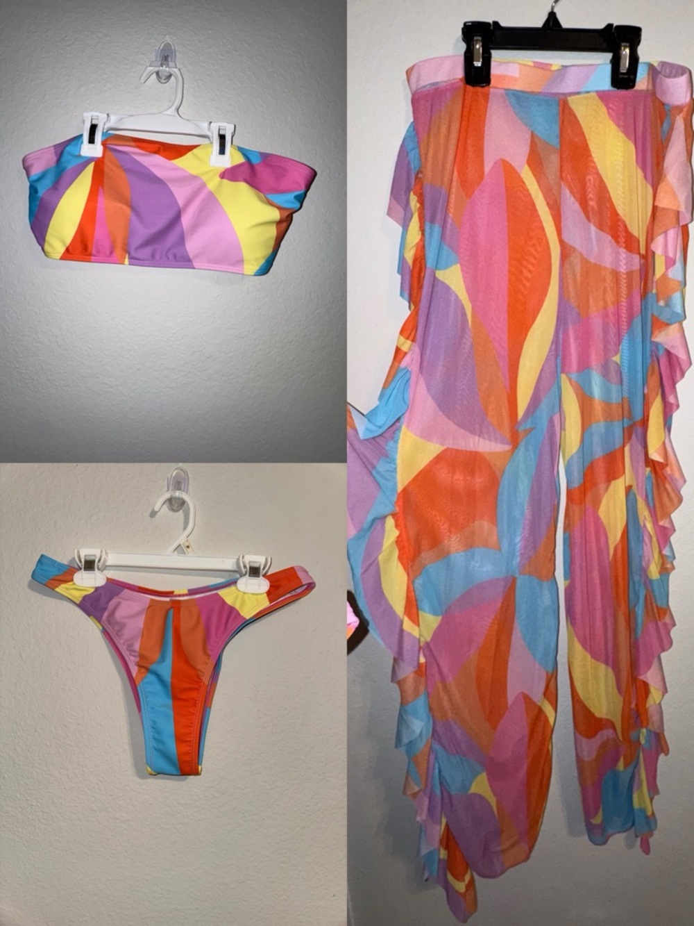 Multicolor Abstract Print Bandeau Bikini Set with Matching Cover-Up